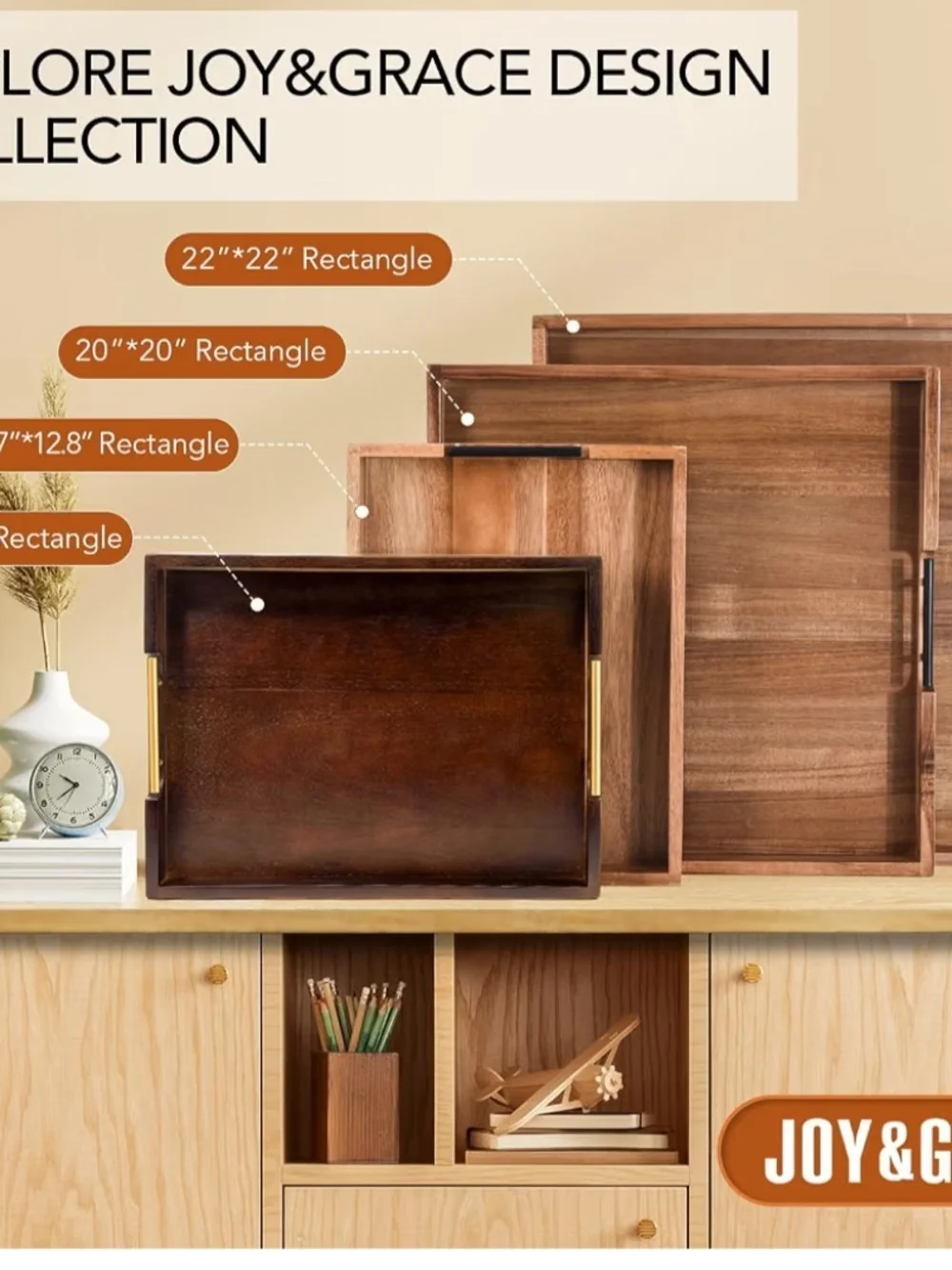 Classic Acacia Wood Serving Tray with Built-In Side Handles - size 20 x 20
